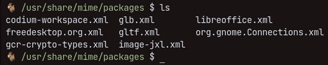 The contents of the /usr/share/mime/packages/ folder, showing multiple files with .xml extension